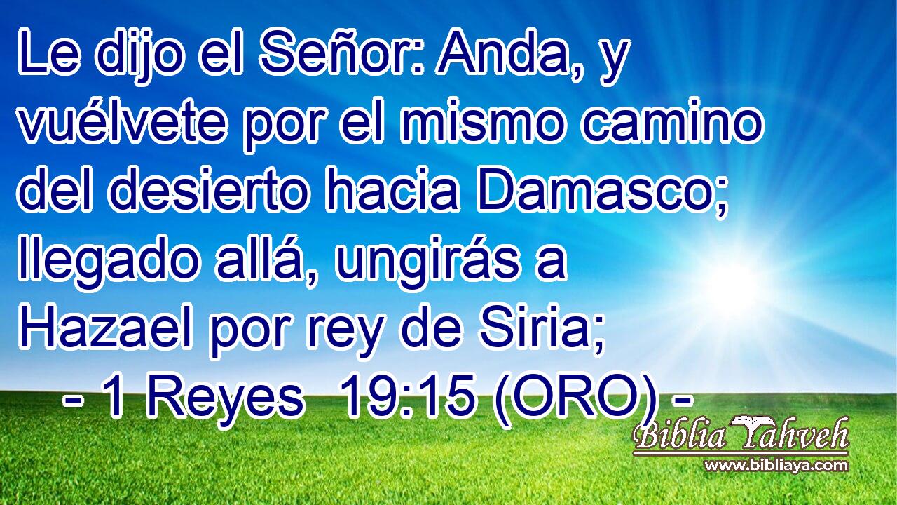  Le dijo el Señor: Anda, y vuélvete por el mismo camino del desierto hacia Damasco; llegado allá, ungirás a Hazael por rey de Siria; 