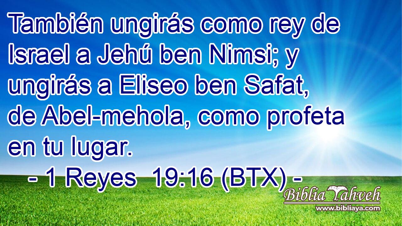 También ungirás como rey de Israel a Jehú ben Nimsi; y ungirás a Eliseo ben Safat, de Abel-mehola, como profeta en tu lugar.