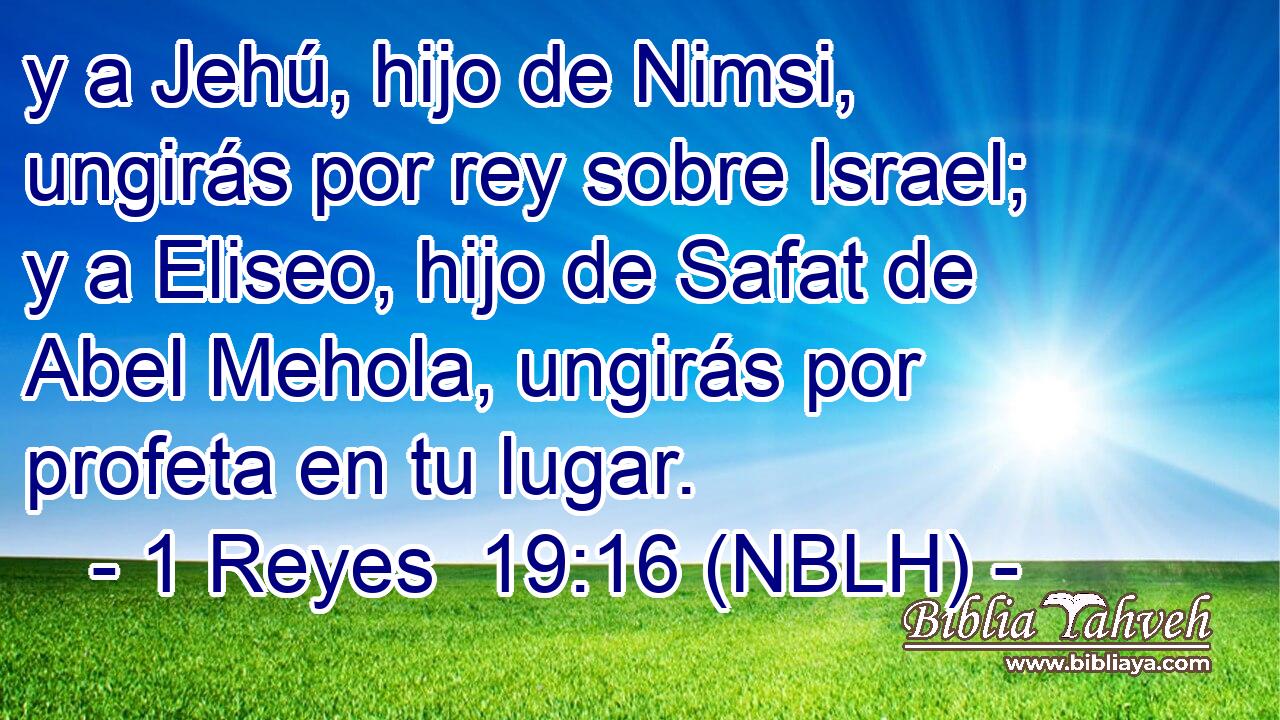  y a Jehú, hijo de Nimsi, ungirás por rey sobre Israel; y a Eliseo, hijo de Safat de Abel Mehola, ungirás por profeta en tu lugar. 