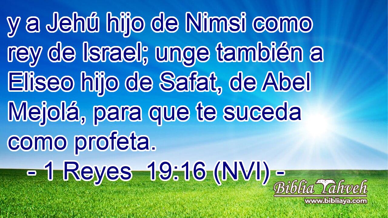  y a Jehú hijo de Nimsi como rey de Israel; unge también a Eliseo hijo de Safat, de Abel Mejolá, para que te suceda como profeta. 