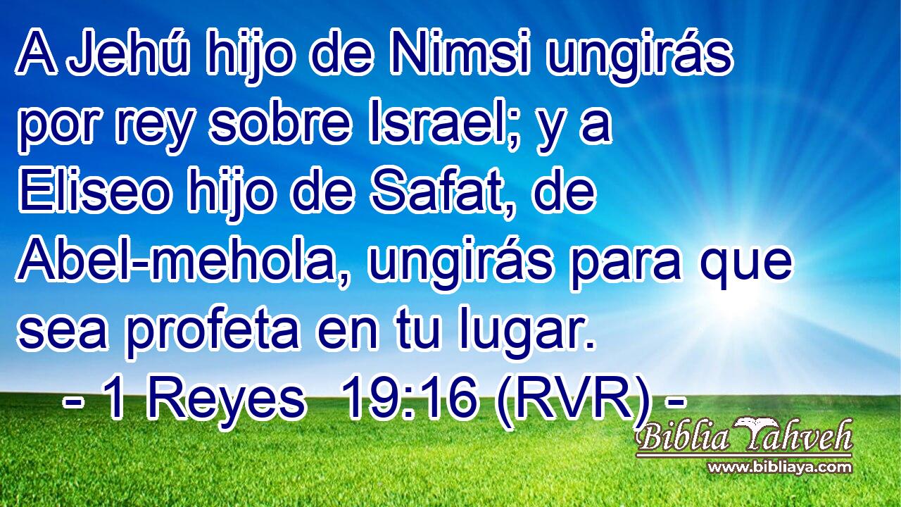 A Jehú hijo de Nimsi ungirás por rey sobre Israel; y a Eliseo hijo de Safat, de Abel-mehola, ungirás para que sea profeta en tu lugar.