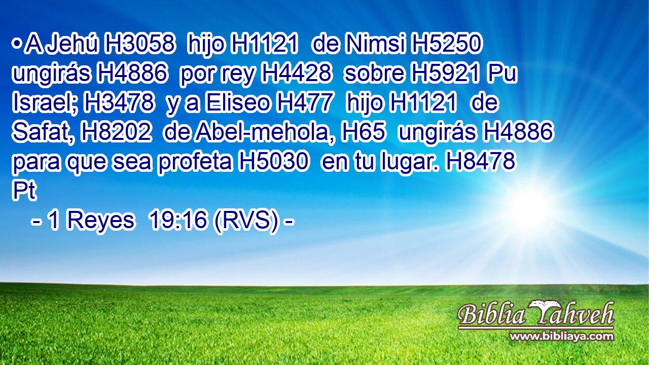 • A Jehú H3058  hijo H1121  de Nimsi H5250  ungirás H4886  por rey H4428  sobre H5921 Pu Israel; H3478  y a Eliseo H477  hijo H1121  de Safat, H8202  de Abel-mehola, H65  ungirás H4886  para que sea profeta H5030  en tu lugar. H8478 Pt 