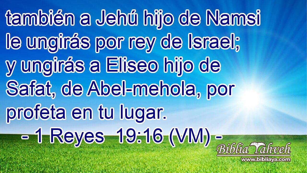  también a Jehú hijo de Namsi le ungirás por rey de Israel; y ungirás a Eliseo hijo de Safat, de Abel-mehola, por profeta en tu lugar. 