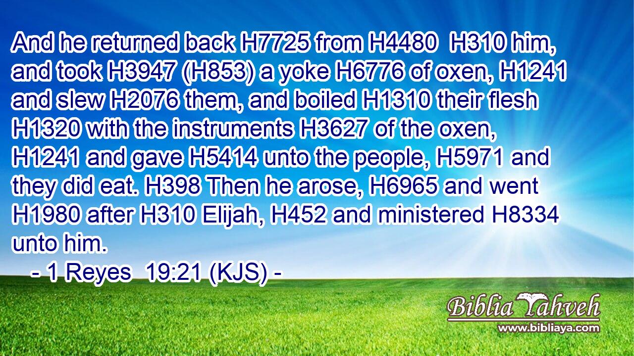 And he returned back H7725 from H4480  H310 him, and took H3947 (H853) a yoke H6776 of oxen, H1241 and slew H2076 them, and boiled H1310 their flesh H1320 with the instruments H3627 of the oxen, H1241 and gave H5414 unto the people, H5971 and they did eat. H398 Then he arose, H6965 and went H1980 after H310 Elijah, H452 and ministered H8334 unto him.