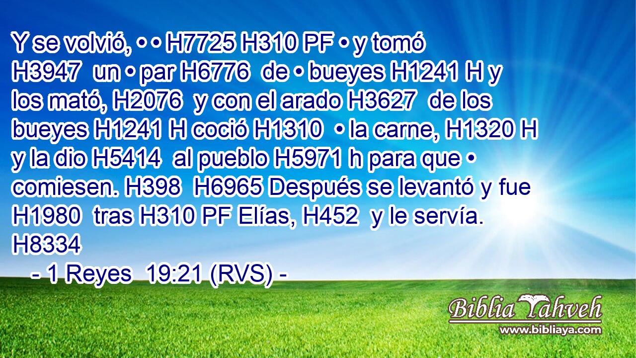 Y se volvió, • • H7725 H310 PF • y tomó H3947  un • par H6776  de • bueyes H1241 H y los mató, H2076  y con el arado H3627  de los bueyes H1241 H coció H1310  • la carne, H1320 H y la dio H5414  al pueblo H5971 h para que • comiesen. H398  H6965 Después se levantó y fue H1980  tras H310 PF Elías, H452  y le servía. H8334  