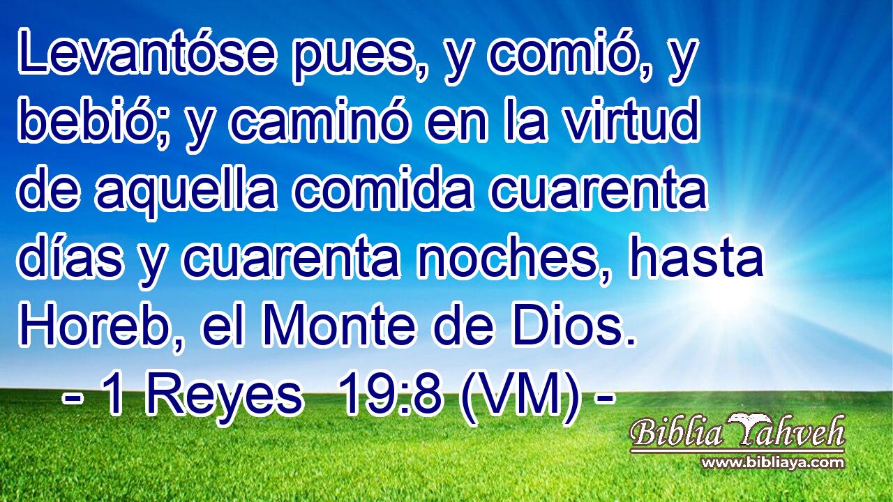  Levantóse pues, y comió, y bebió; y caminó en la virtud de aquella comida cuarenta días y cuarenta noches, hasta Horeb, el Monte de Dios. 