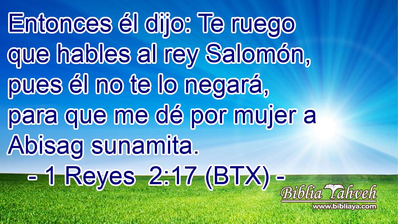 Entonces él dijo: Te ruego que hables al rey Salomón, pues él no te lo negará, para que me dé por mujer a Abisag sunamita.