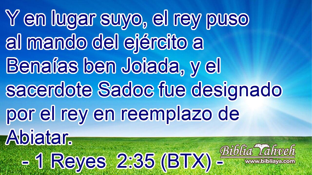 Y en lugar suyo, el rey puso al mando del ejército a Benaías ben Joiada, y el sacerdote Sadoc fue designado por el rey en reemplazo de Abiatar.