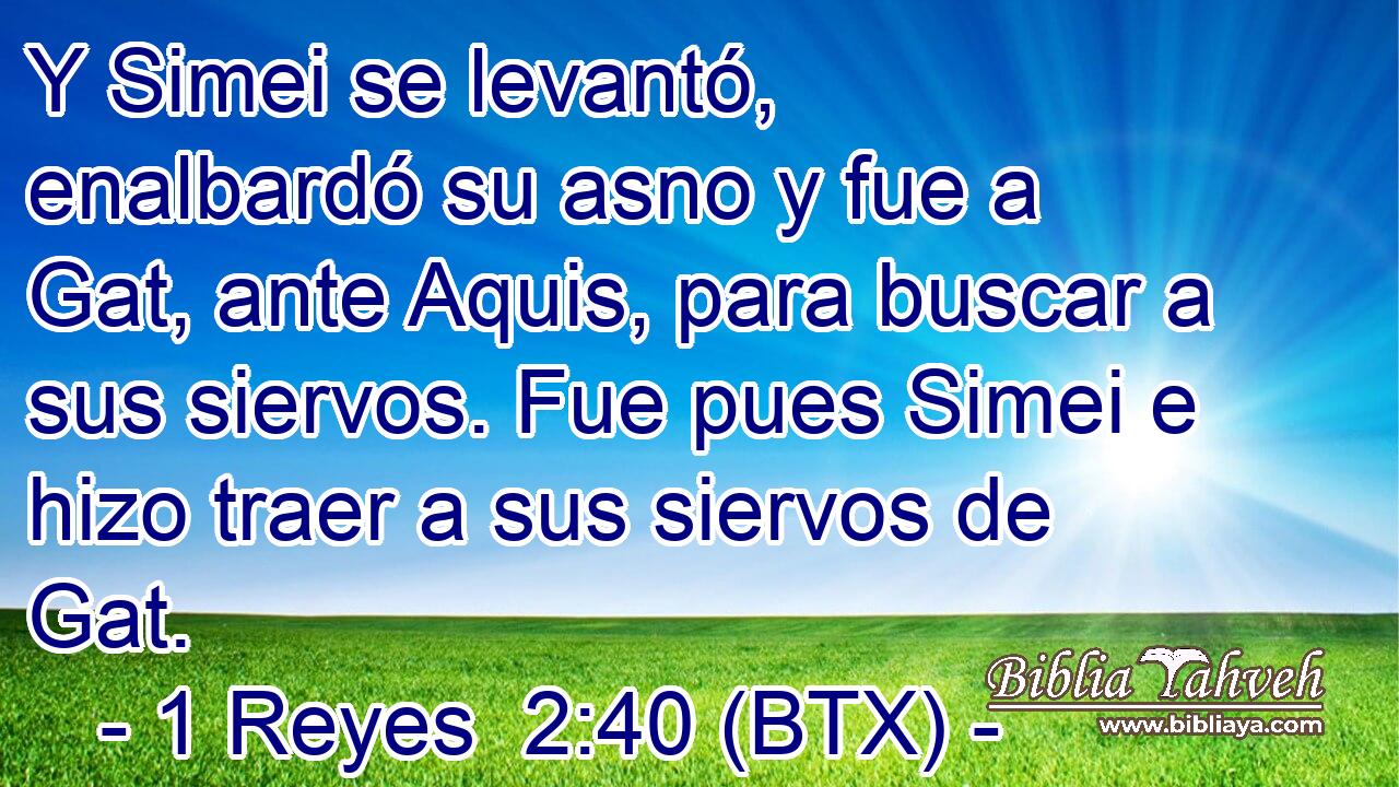 Y Simei se levantó, enalbardó su asno y fue a Gat, ante Aquis, para buscar a sus siervos. Fue pues Simei e hizo traer a sus siervos de Gat.