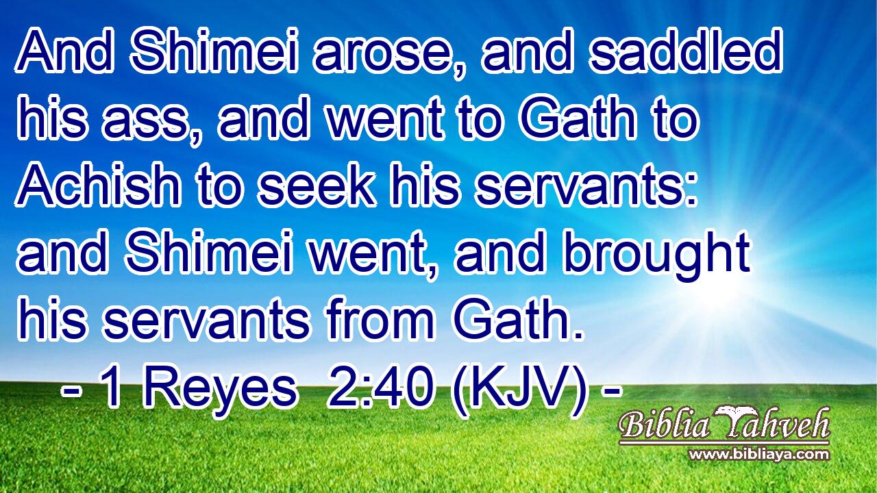 And Shimei arose, and saddled his ass, and went to Gath to Achish to seek his servants: and Shimei went, and brought his servants from Gath.