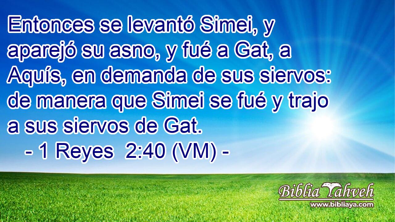  Entonces se levantó Simei, y aparejó su asno, y fué a Gat, a Aquís, en demanda de sus siervos: de manera que Simei se fué y trajo a sus siervos de Gat. 