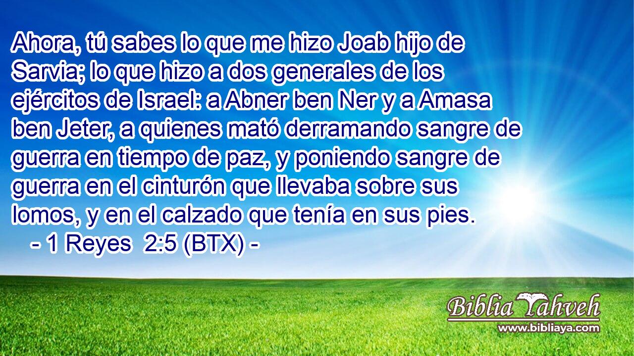 Ahora, tú sabes lo que me hizo Joab hijo de Sarvia; lo que hizo a dos generales de los ejércitos de Israel: a Abner ben Ner y a Amasa ben Jeter, a quienes mató derramando sangre de guerra en tiempo de paz, y poniendo sangre de guerra en el cinturón que llevaba sobre sus lomos, y en el calzado que tenía en sus pies.