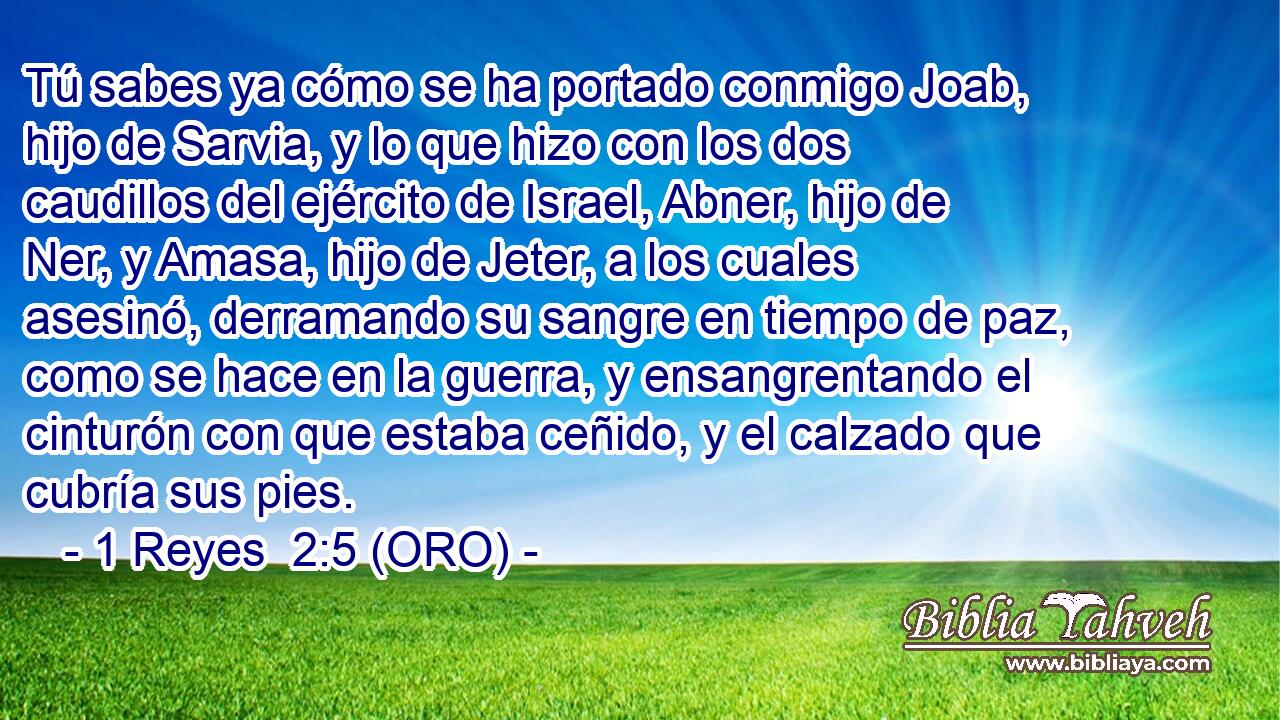  Tú sabes ya cómo se ha portado conmigo Joab, hijo de Sarvia, y lo que hizo con los dos caudillos del ejército de Israel, Abner, hijo de Ner, y Amasa, hijo de Jeter, a los cuales asesinó, derramando su sangre en tiempo de paz, como se hace en la guerra, y ensangrentando el cinturón con que estaba ceñido, y el calzado que cubría sus pies. 