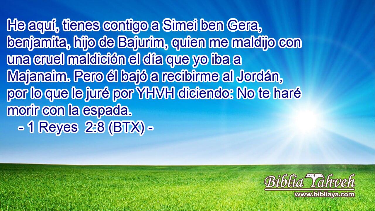 He aquí, tienes contigo a Simei ben Gera, benjamita, hijo de Bajurim, quien me maldijo con una cruel maldición el día que yo iba a Majanaim. Pero él bajó a recibirme al Jordán, por lo que le juré por YHVH diciendo: No te haré morir con la espada.