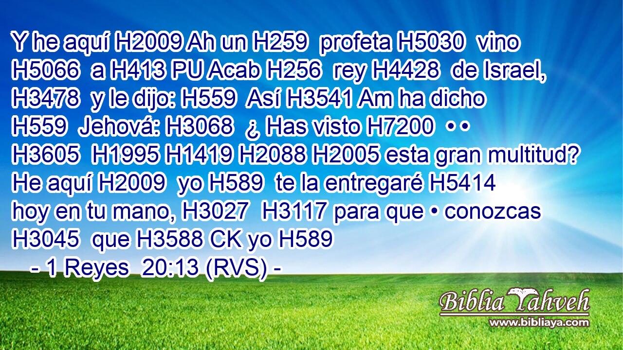 Y he aquí H2009 Ah un H259  profeta H5030  vino H5066  a H413 PU Acab H256  rey H4428  de Israel, H3478  y le dijo: H559  Así H3541 Am ha dicho H559  Jehová: H3068  ¿ Has visto H7200  • • H3605  H1995 H1419 H2088 H2005 esta gran multitud? He aquí H2009  yo H589  te la entregaré H5414  hoy en tu mano, H3027  H3117 para que • conozcas H3045  que H3588 CK yo H589 