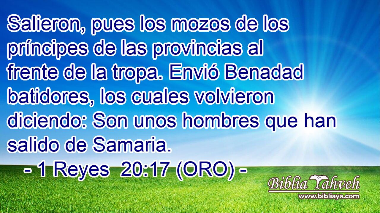  Salieron, pues los mozos de los príncipes de las provincias al frente de la tropa. Envió Benadad batidores, los cuales volvieron diciendo: Son unos hombres que han salido de Samaria. 