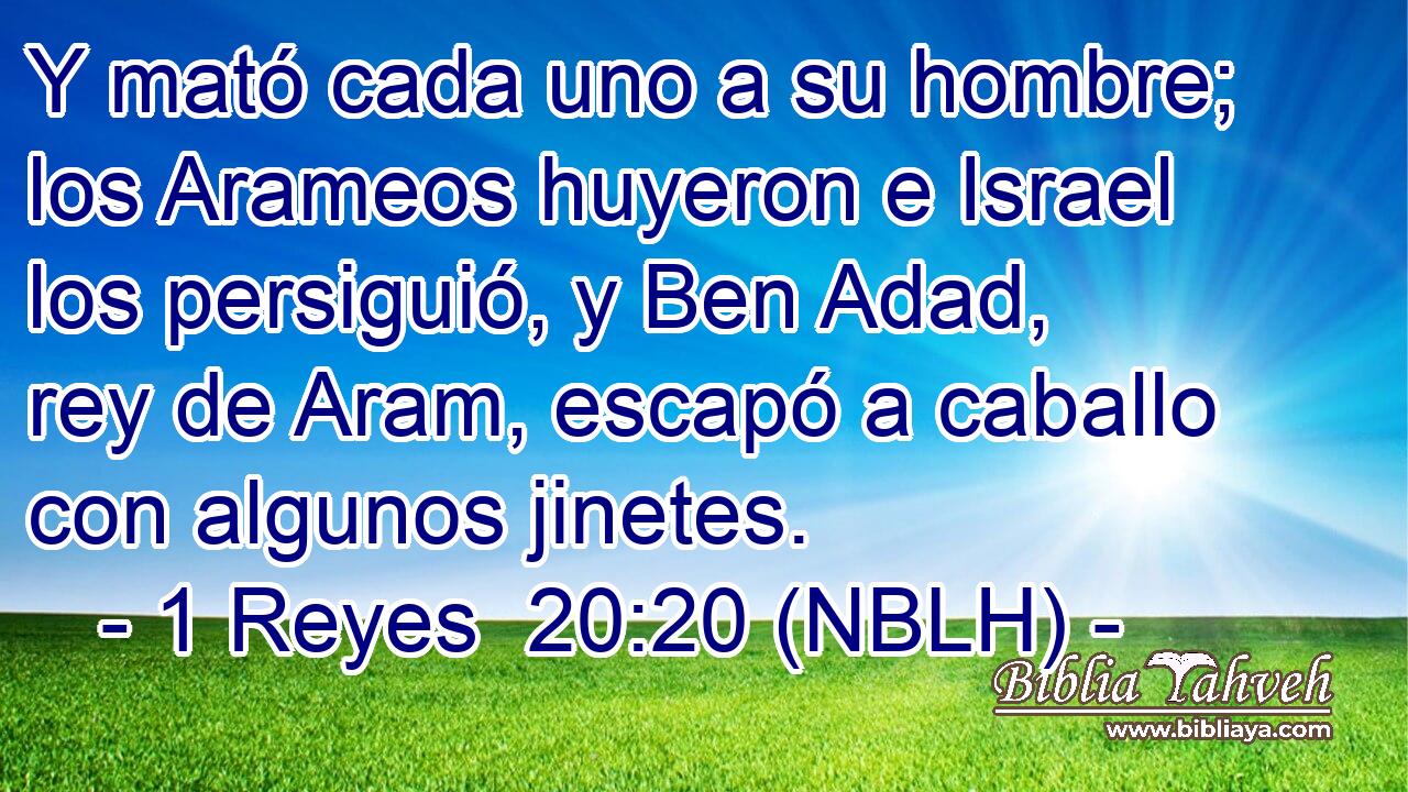  Y mató cada uno a su hombre; los Arameos huyeron e Israel los persiguió, y Ben Adad, rey de Aram, escapó a caballo con algunos jinetes. 