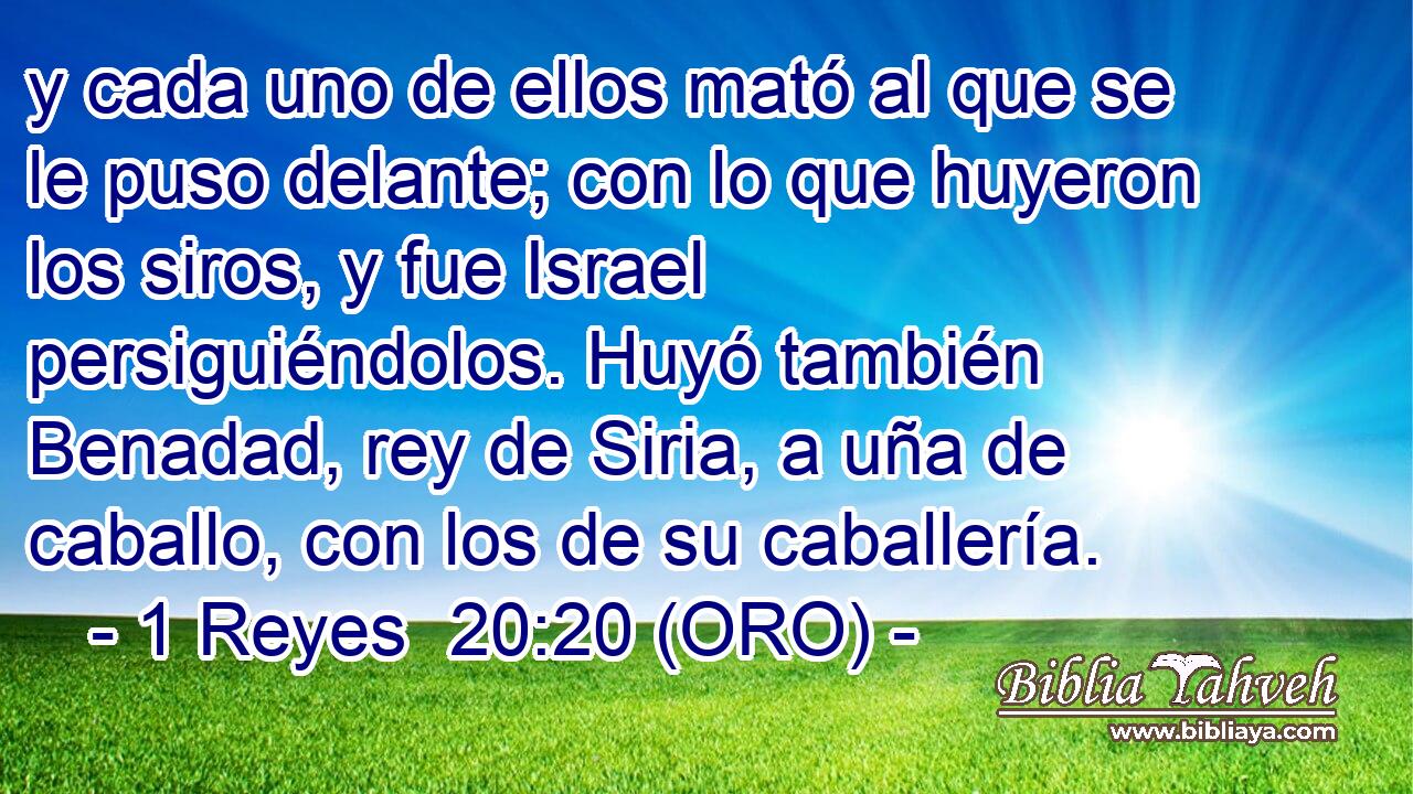  y cada uno de ellos mató al que se le puso delante; con lo que huyeron los siros, y fue Israel persiguiéndolos. Huyó también Benadad, rey de Siria, a uña de caballo, con los de su caballería. 