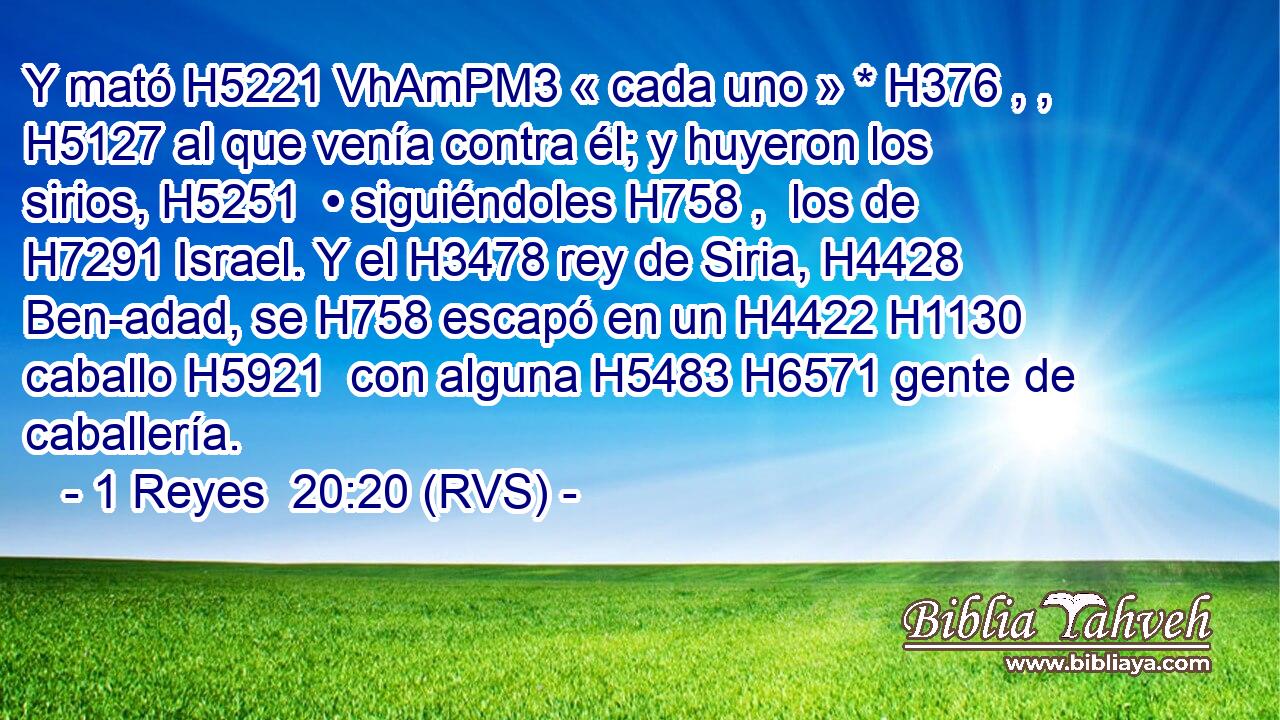 Y mató H5221 VhAmPM3 « cada uno » * H376 , ,  H5127 al que venía contra él; y huyeron los sirios, H5251  • siguiéndoles H758 ,  los de H7291 Israel. Y el H3478 rey de Siria, H4428  Ben-adad, se H758 escapó en un H4422 H1130 caballo H5921  con alguna H5483 H6571 gente de caballería. 