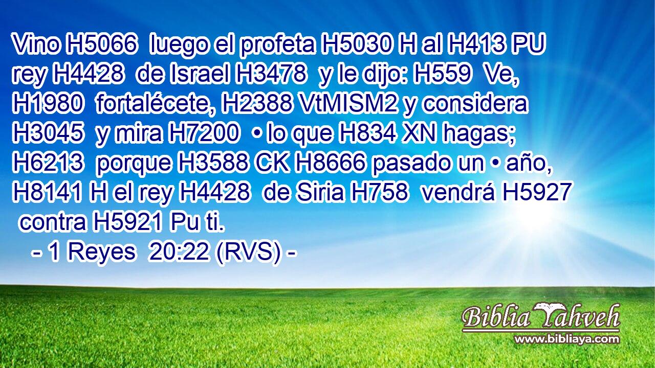 Vino H5066  luego el profeta H5030 H al H413 PU rey H4428  de Israel H3478  y le dijo: H559  Ve, H1980  fortalécete, H2388 VtMISM2 y considera H3045  y mira H7200  • lo que H834 XN hagas; H6213  porque H3588 CK H8666 pasado un • año, H8141 H el rey H4428  de Siria H758  vendrá H5927  contra H5921 Pu ti. 