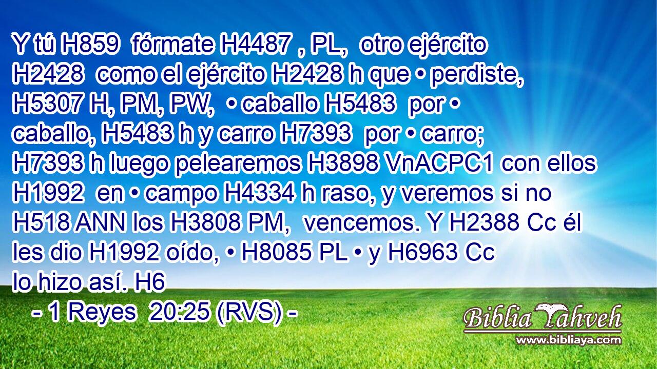 Y tú H859  fórmate H4487 , PL,  otro ejército H2428  como el ejército H2428 h que • perdiste, H5307 H, PM, PW,  • caballo H5483  por • caballo, H5483 h y carro H7393  por • carro; H7393 h luego pelearemos H3898 VnACPC1 con ellos H1992  en • campo H4334 h raso, y veremos si no H518 ANN los H3808 PM,  vencemos. Y H2388 Cc él les dio H1992 oído, • H8085 PL • y H6963 Cc lo hizo así. H6