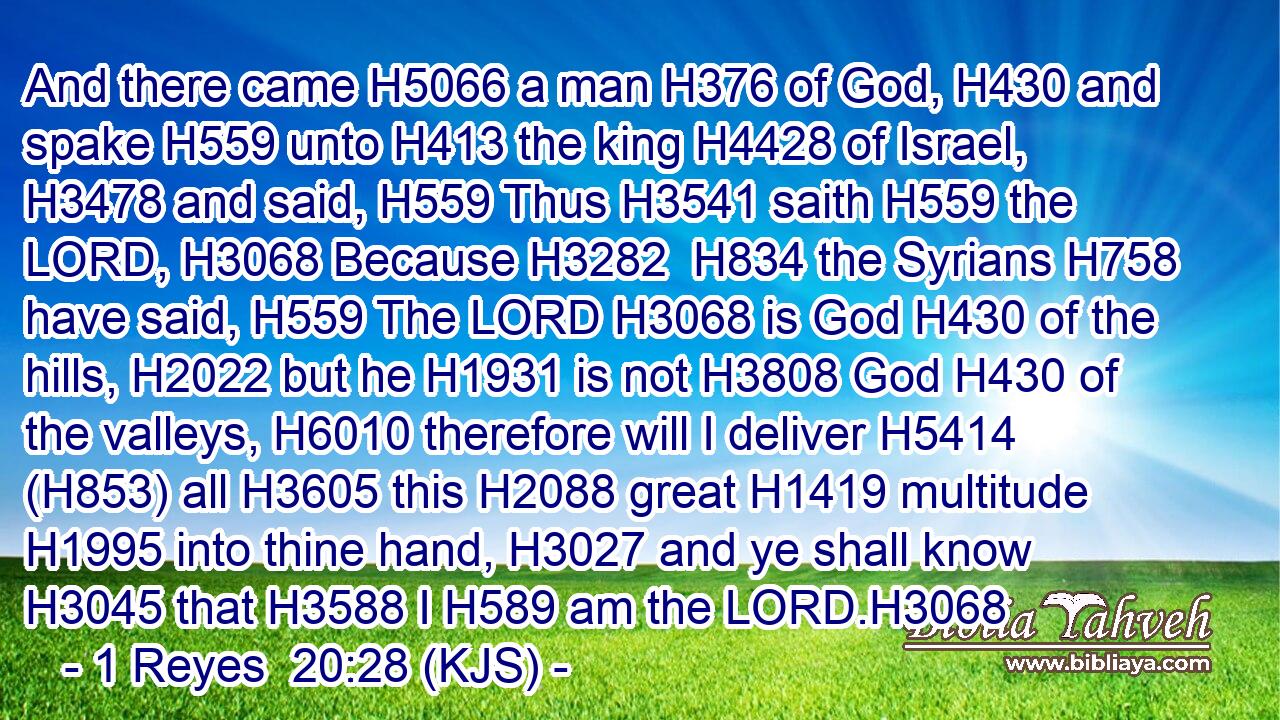 And there came H5066 a man H376 of God, H430 and spake H559 unto H413 the king H4428 of Israel, H3478 and said, H559 Thus H3541 saith H559 the LORD, H3068 Because H3282  H834 the Syrians H758 have said, H559 The LORD H3068 is God H430 of the hills, H2022 but he H1931 is not H3808 God H430 of the valleys, H6010 therefore will I deliver H5414 (H853) all H3605 this H2088 great H1419 multitude H1995 into thine hand, H3027 and ye shall know H3045 that H3588 I H589 am the LORD.H3068