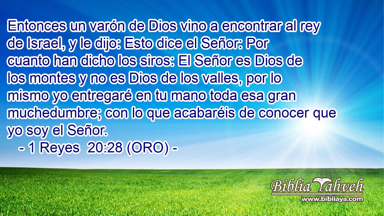  Entonces un varón de Dios vino a encontrar al rey de Israel, y le dijo: Esto dice el Señor: Por cuanto han dicho los siros: El Señor es Dios de los montes y no es Dios de los valles, por lo mismo yo entregaré en tu mano toda esa gran muchedumbre; con lo que acabaréis de conocer que yo soy el Señor. 