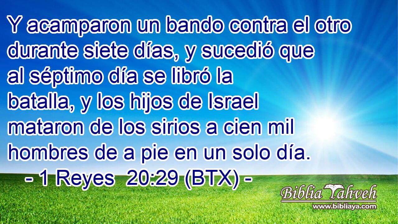 Y acamparon un bando contra el otro durante siete días, y sucedió que al séptimo día se libró la batalla, y los hijos de Israel mataron de los sirios a cien mil hombres de a pie en un solo día.