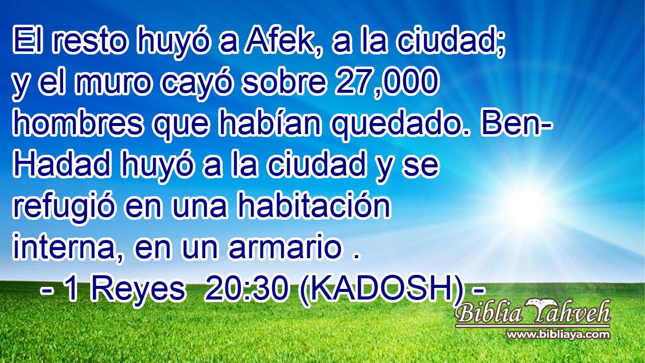  El resto huyó a Afek, a la ciudad; y el muro cayó sobre 27,000 hombres que habían quedado. Ben- Hadad huyó a la ciudad y se refugió en una habitación interna, en un armario . 