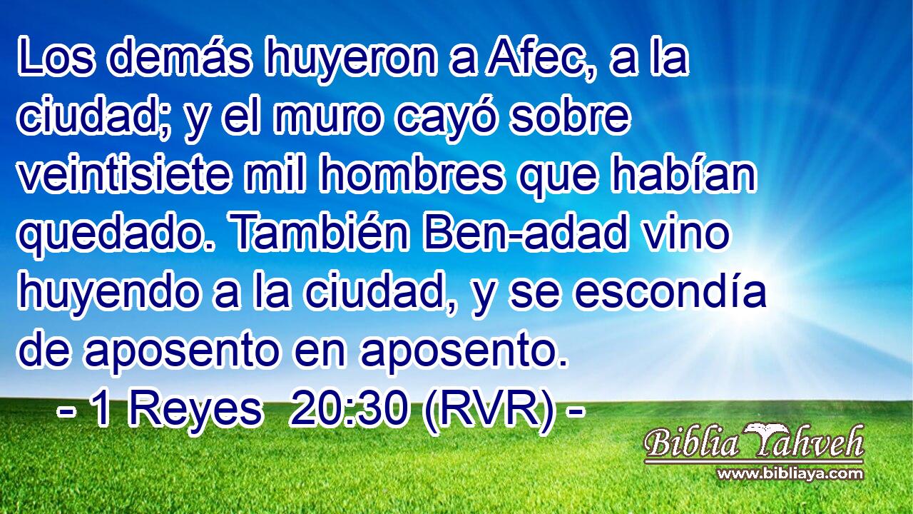 Los demás huyeron a Afec, a la ciudad; y el muro cayó sobre veintisiete mil hombres que habían quedado. También Ben-adad vino huyendo a la ciudad, y se escondía de aposento en aposento.