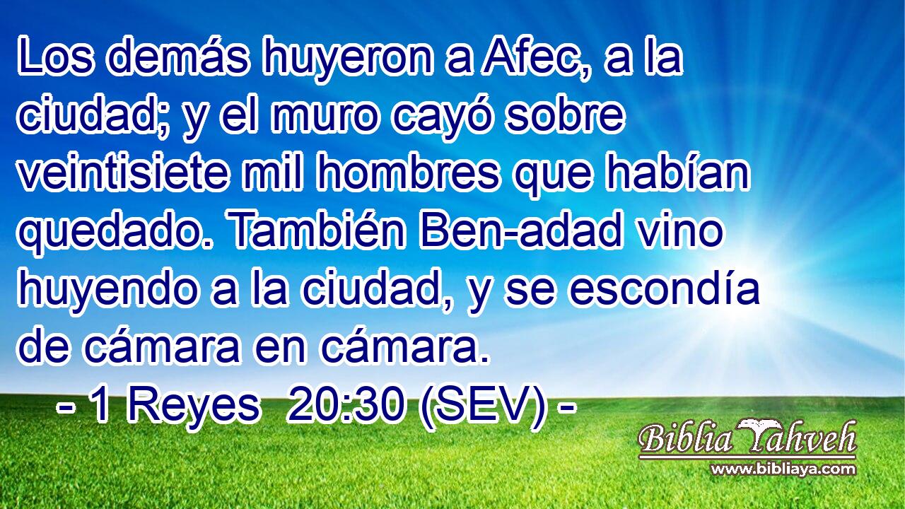 Los demás huyeron a Afec, a la ciudad; y el muro cayó sobre veintisiete mil hombres que habían quedado. También Ben-adad vino huyendo a la ciudad, y se escondía de cámara en cámara.