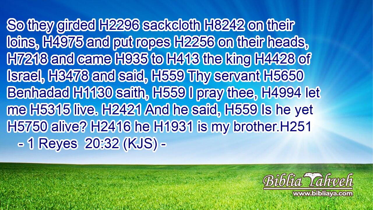 So they girded H2296 sackcloth H8242 on their loins, H4975 and put ropes H2256 on their heads, H7218 and came H935 to H413 the king H4428 of Israel, H3478 and said, H559 Thy servant H5650 Benhadad H1130 saith, H559 I pray thee, H4994 let me H5315 live. H2421 And he said, H559 Is he yet H5750 alive? H2416 he H1931 is my brother.H251