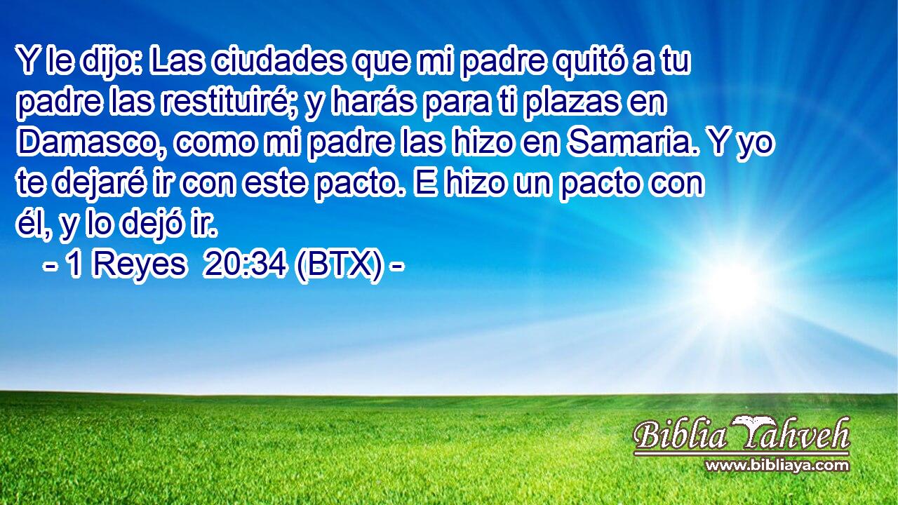 Y le dijo: Las ciudades que mi padre quitó a tu padre las restituiré; y harás para ti plazas en Damasco, como mi padre las hizo en Samaria. Y yo te dejaré ir con este pacto. E hizo un pacto con él, y lo dejó ir.