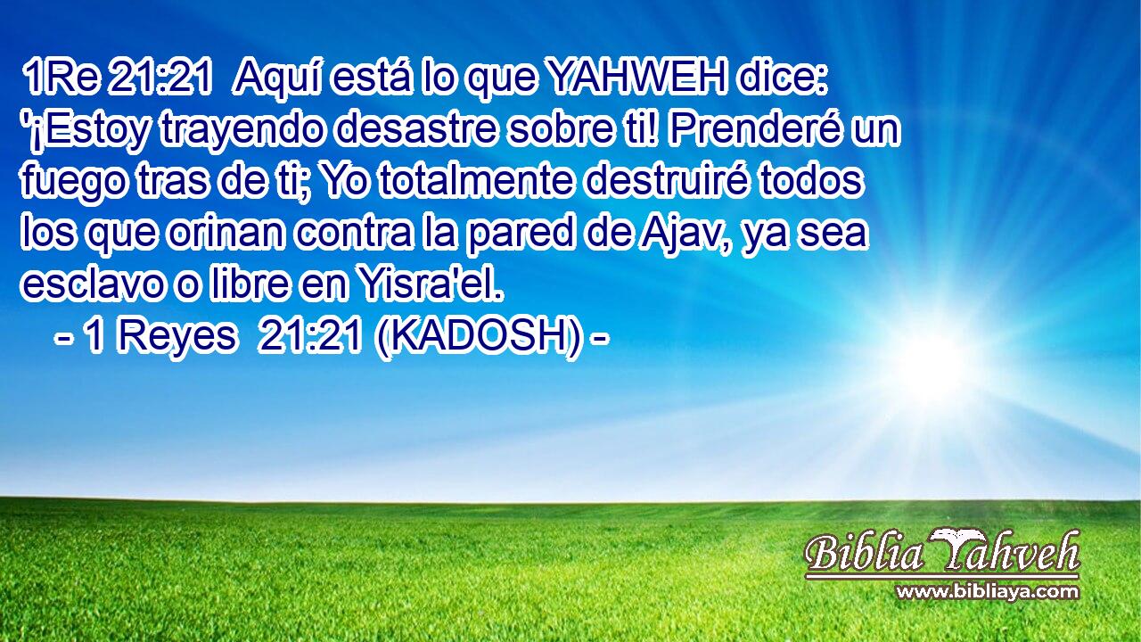  Aquí está lo que YAHWEH dice: '¡Estoy trayendo desastre sobre ti! Prenderé un fuego tras de ti; Yo totalmente destruiré todos los que orinan contra la pared de Ajav, ya sea esclavo o libre en Yisra'el. 
