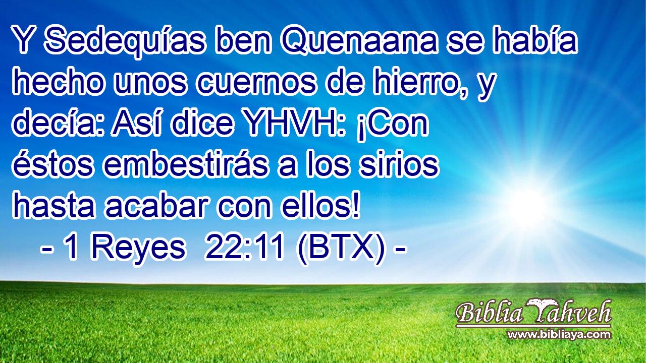 Y Sedequías ben Quenaana se había hecho unos cuernos de hierro, y decía: Así dice YHVH: ¡Con éstos embestirás a los sirios hasta acabar con ellos!