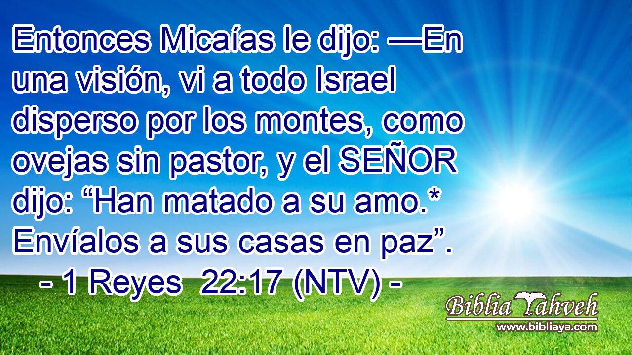 Entonces Micaías le dijo: —En una visión, vi a todo Israel disperso por los montes, como ovejas sin pastor, y el SEÑOR dijo: “Han matado a su amo.* Envíalos a sus casas en paz”.