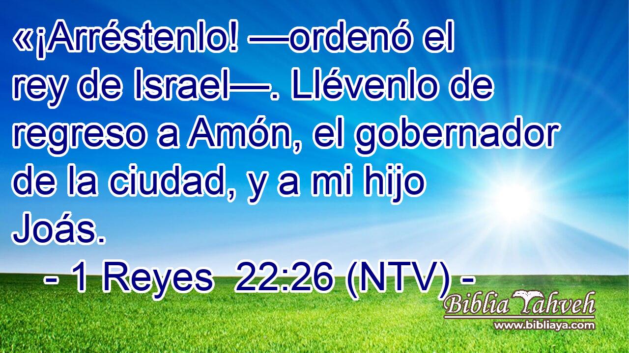 «¡Arréstenlo! —ordenó el rey de Israel—. Llévenlo de regreso a Amón, el gobernador de la ciudad, y a mi hijo Joás.