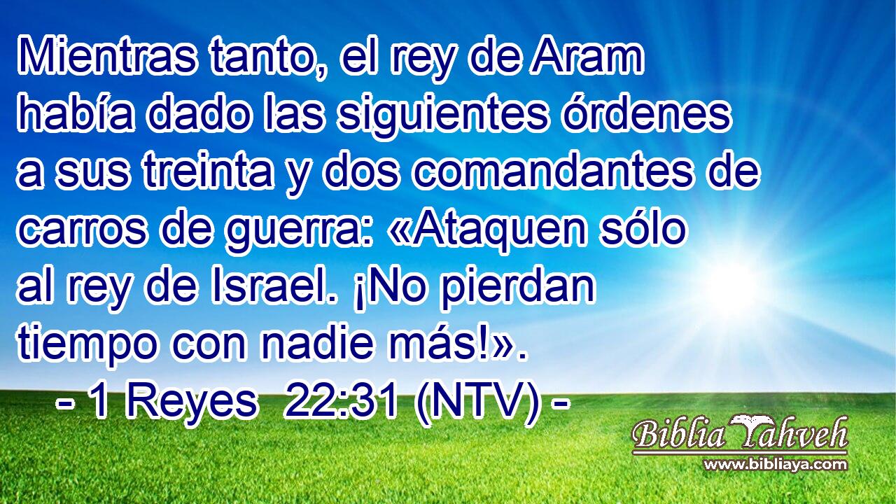 Mientras tanto, el rey de Aram había dado las siguientes órdenes a sus treinta y dos comandantes de carros de guerra: «Ataquen sólo al rey de Israel. ¡No pierdan tiempo con nadie más!».
