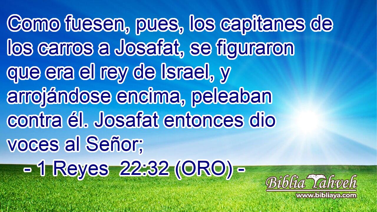  Como fuesen, pues, los capitanes de los carros a Josafat, se figuraron que era el rey de Israel, y arrojándose encima, peleaban contra él. Josafat entonces dio voces al Señor; 