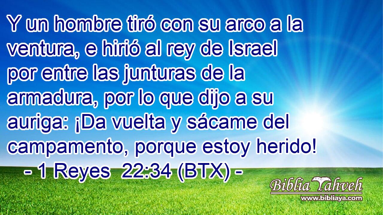 Y un hombre tiró con su arco a la ventura, e hirió al rey de Israel por entre las junturas de la armadura, por lo que dijo a su auriga: ¡Da vuelta y sácame del campamento, porque estoy herido!