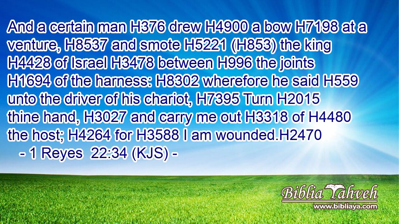And a certain man H376 drew H4900 a bow H7198 at a venture, H8537 and smote H5221 (H853) the king H4428 of Israel H3478 between H996 the joints H1694 of the harness: H8302 wherefore he said H559 unto the driver of his chariot, H7395 Turn H2015 thine hand, H3027 and carry me out H3318 of H4480 the host; H4264 for H3588 I am wounded.H2470