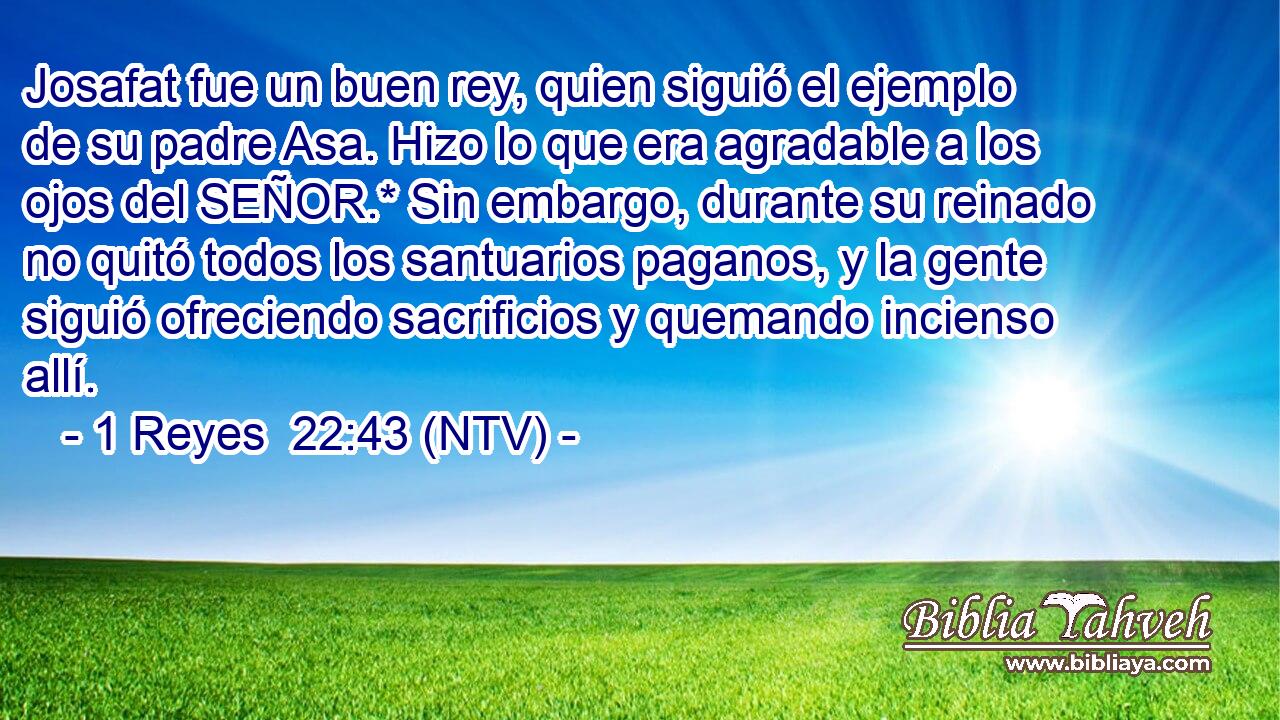 Josafat fue un buen rey, quien siguió el ejemplo de su padre Asa. Hizo lo que era agradable a los ojos del SEÑOR.* Sin embargo, durante su reinado no quitó todos los santuarios paganos, y la gente siguió ofreciendo sacrificios y quemando incienso allí.