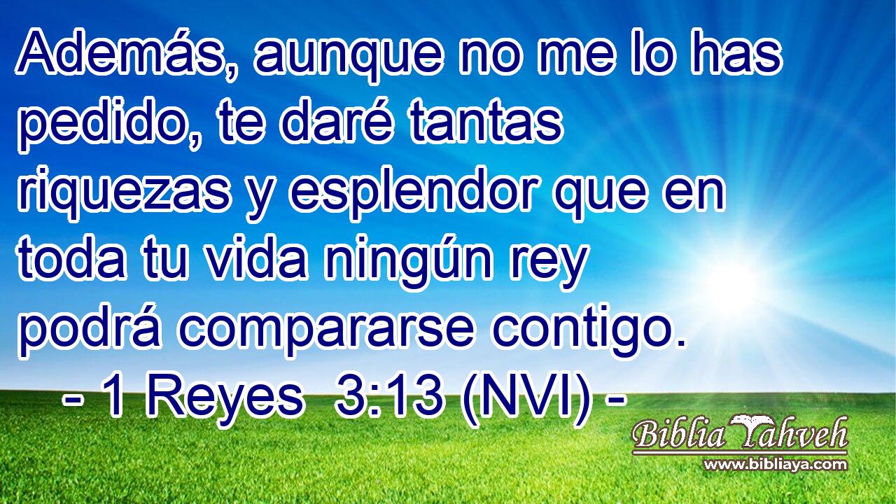  Además, aunque no me lo has pedido, te daré tantas riquezas y esplendor que en toda tu vida ningún rey podrá compararse contigo. 