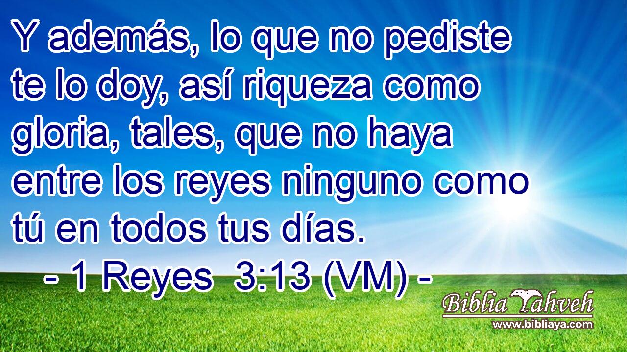  Y además, lo que no pediste te lo doy, así riqueza como gloria, tales, que no haya entre los reyes ninguno como tú en todos tus días. 