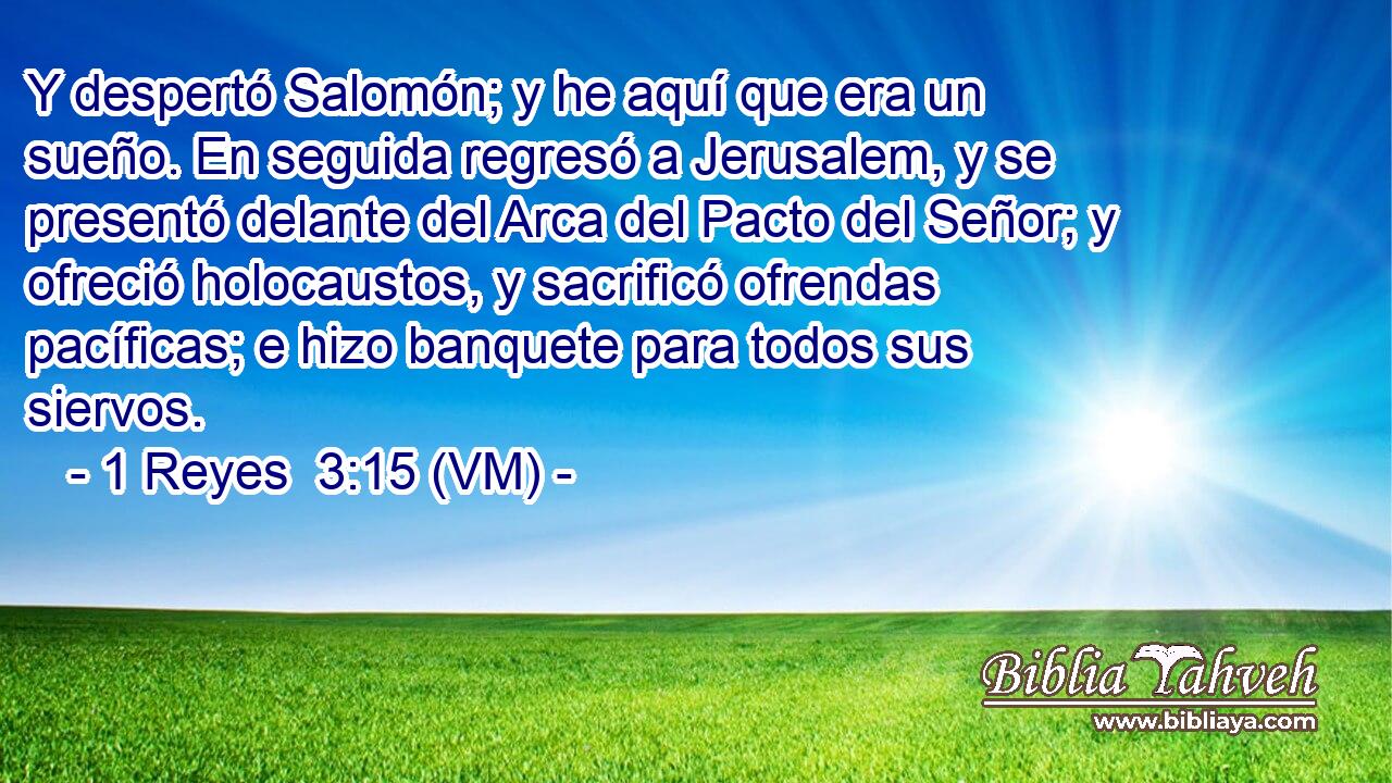  Y despertó Salomón; y he aquí que era un sueño. En seguida regresó a Jerusalem, y se presentó delante del Arca del Pacto del Señor; y ofreció holocaustos, y sacrificó ofrendas pacíficas; e hizo banquete para todos sus siervos. 
