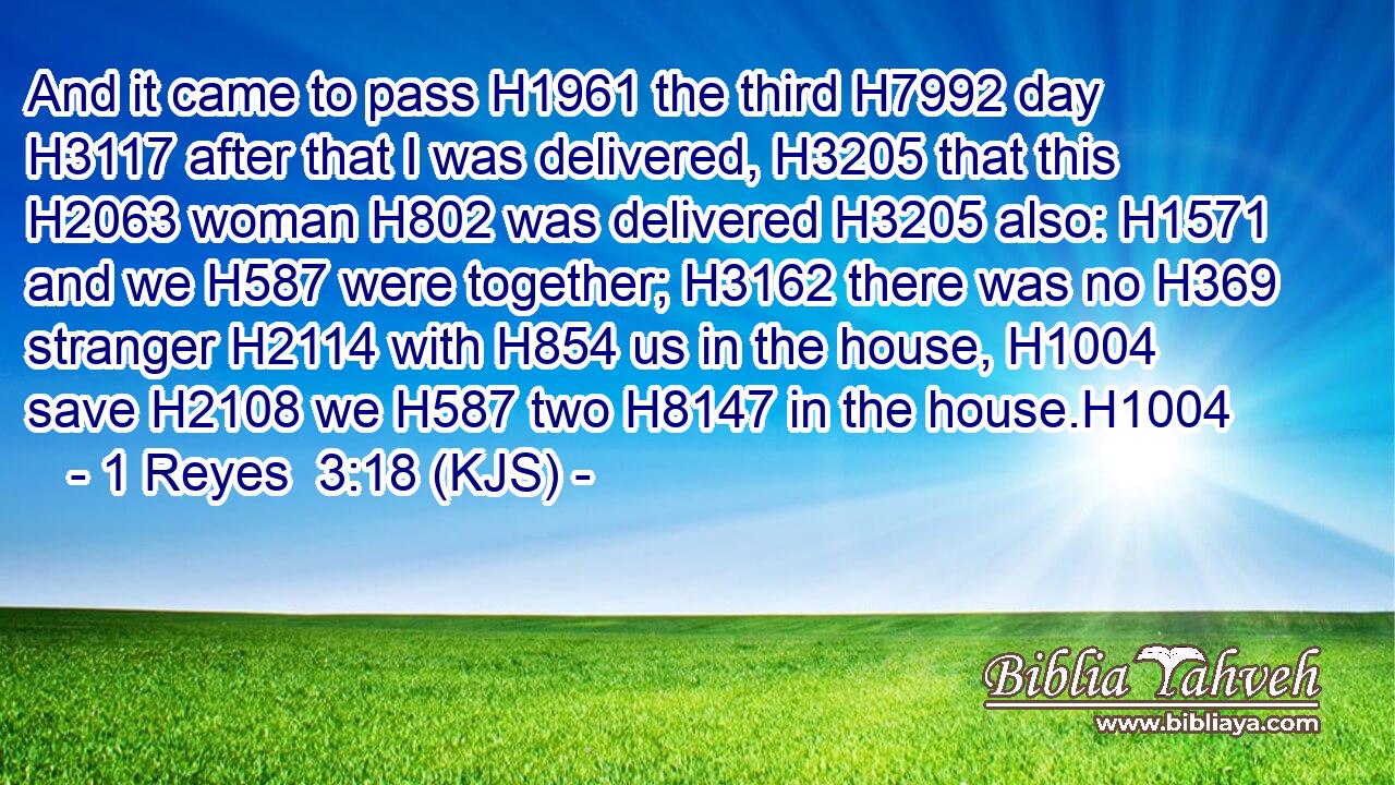 And it came to pass H1961 the third H7992 day H3117 after that I was delivered, H3205 that this H2063 woman H802 was delivered H3205 also: H1571 and we H587 were together; H3162 there was no H369 stranger H2114 with H854 us in the house, H1004 save H2108 we H587 two H8147 in the house.H1004