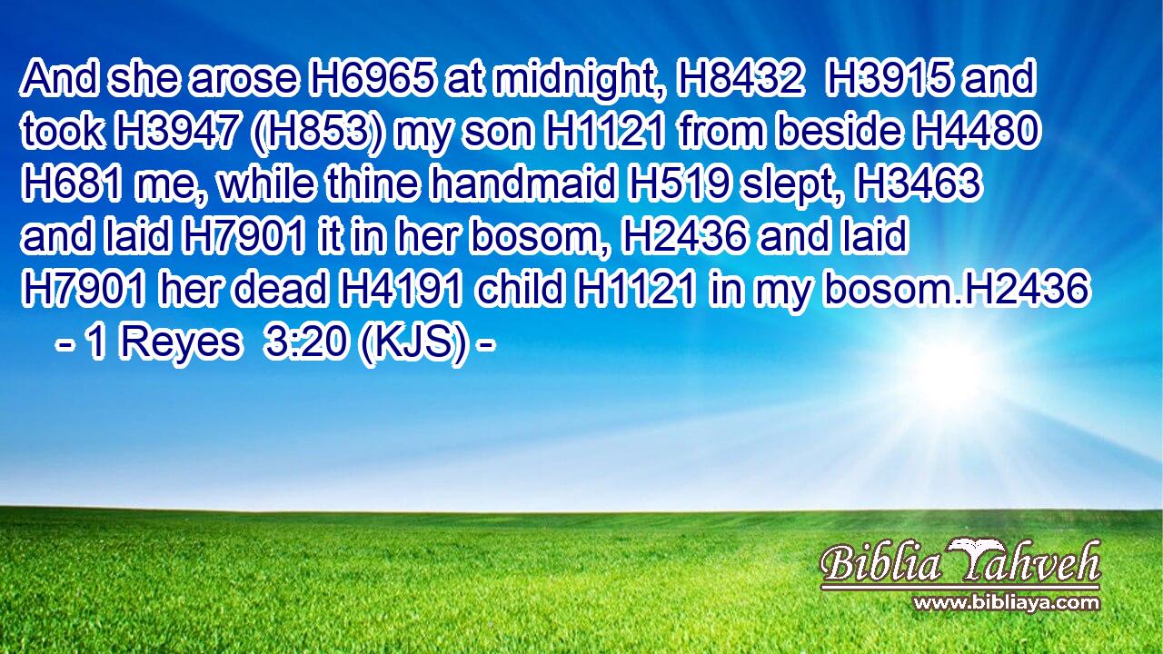 And she arose H6965 at midnight, H8432  H3915 and took H3947 (H853) my son H1121 from beside H4480  H681 me, while thine handmaid H519 slept, H3463 and laid H7901 it in her bosom, H2436 and laid H7901 her dead H4191 child H1121 in my bosom.H2436