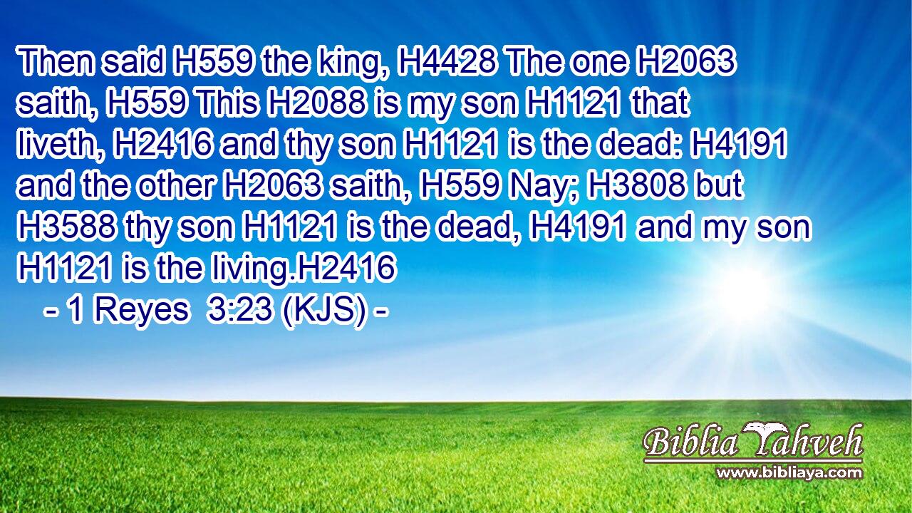 Then said H559 the king, H4428 The one H2063 saith, H559 This H2088 is my son H1121 that liveth, H2416 and thy son H1121 is the dead: H4191 and the other H2063 saith, H559 Nay; H3808 but H3588 thy son H1121 is the dead, H4191 and my son H1121 is the living.H2416