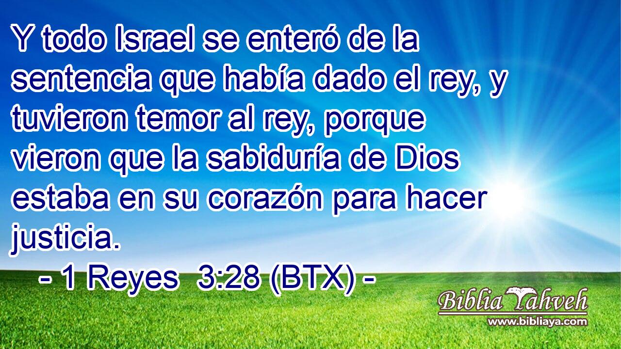 Y todo Israel se enteró de la sentencia que había dado el rey, y tuvieron temor al rey, porque vieron que la sabiduría de Dios estaba en su corazón para hacer justicia.