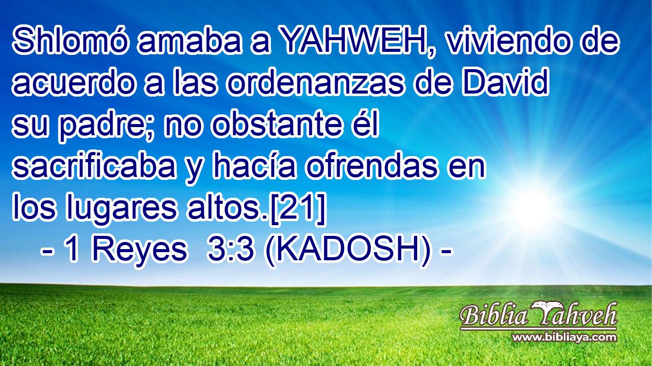  Shlomó amaba a YAHWEH, viviendo de acuerdo a las ordenanzas de David su padre; no obstante él sacrificaba y hacía ofrendas en los lugares altos.[21] 